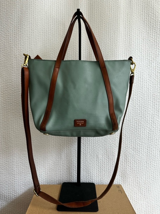 Fossil Handbags - Fossil Sage Green Crossbody Shoulder Tote Bag Brown Leather Trim Everyday Purse